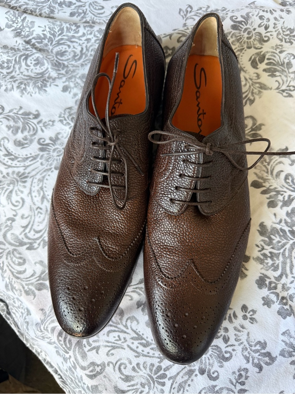 Santoni Brown Pebbled Leather Wingtip Derby Shoes